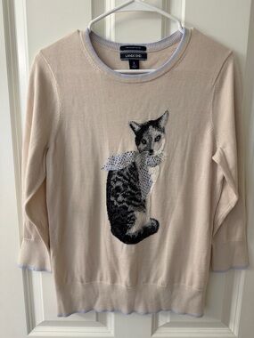 Lands' End Cream Knit Sweater with Cat Graphic